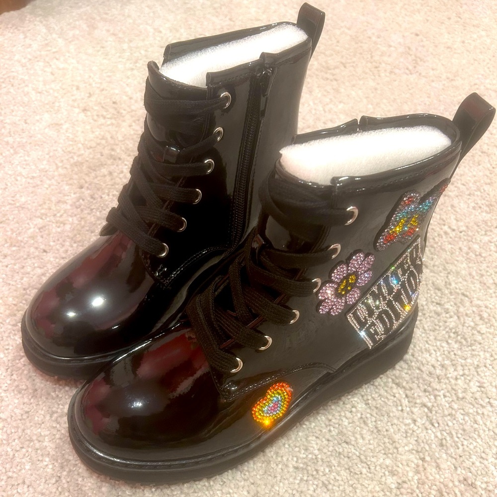 Steve Madden Black Patent Kids Lace-Up Boots with Multicolor Bead Embellishments